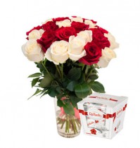 Bouquet of white and red roses with Rafaello